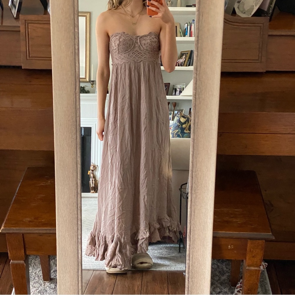 free people taupe adella strapless maxi dress